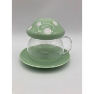 Mushroom Glass Tea Cup Set Ceramic Lid Infuser Saucer Green Polka Dot